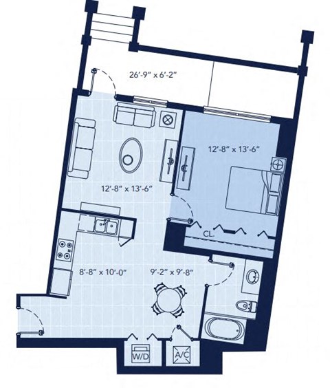 Floor plan for 1 bed, 1 bath, 820 sqft